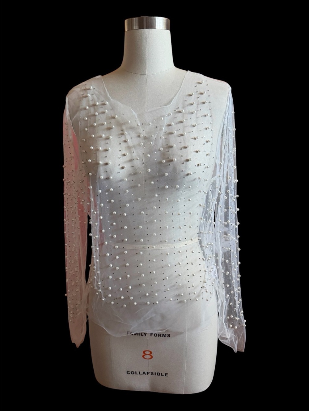 Woman’s Blouse Pearl Embellished White Sheer Long-Sleeve Top